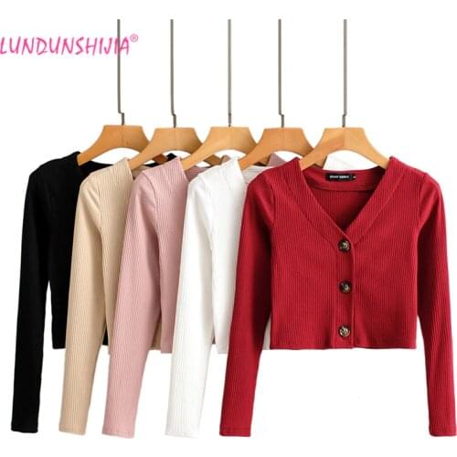 LUNDUNSHIJIA 2019 Spring Autumn Women Fashion Sexy Short Style Pit Article Cardigan V-neck Long Sleeve Female Cardigan 5 Colors