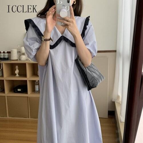 2021 Elegant Simple Large Lapel Contrast Color Loose Puff Sleeve Summer New One-Piece Korean Womens Casual Office Midi Dresses
