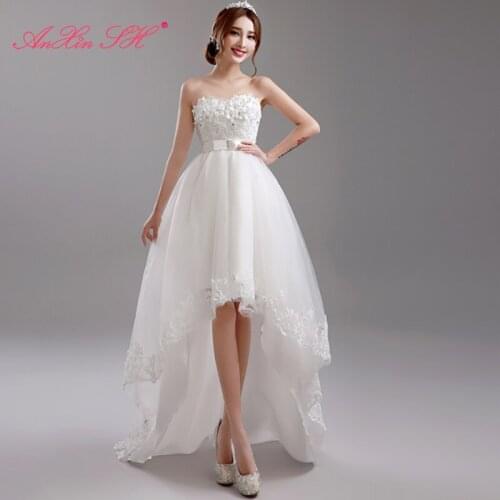 AnXin SH little flowers wedding dress with long and short chest Korean Princess Bride beading bow wedding Dress Lace tail 8271
