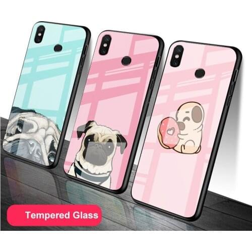 Animal Cute Pug Dog Tempered Glass Phone Case For Redmi Note 5 6 7 8 9 Pro Note8T Note9S Redmi8 9 Cover Shell