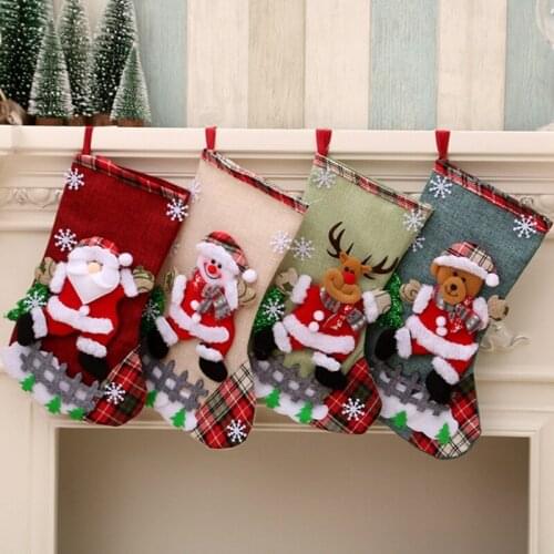 1 pcs Christmas Stockings Socks with Snowman Santa Elk Bear Printing Xmas Gift Candy Bag Noel Christmas Decorations for Home