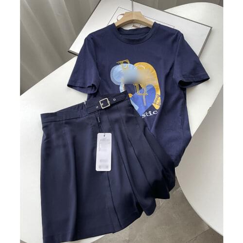 2021 Fashion Loose Casual Sweet Print Short-sleeved T-shirt + Solid Color Pleated Skirt Suit Women