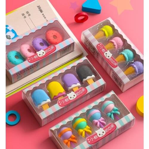 4Pcs/Lot Ice Cream Pencil Erasers For Office School Creative Stationery Supplies Kawaii Kids Prize Writing Drawing Student Gift