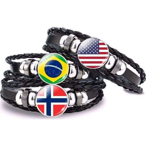 National Flag Rope Chain Bangle Glass Cabochon Black Leather Bracelet Brazil USA Norway Peru Flag Jewelry Bracelet for Couple