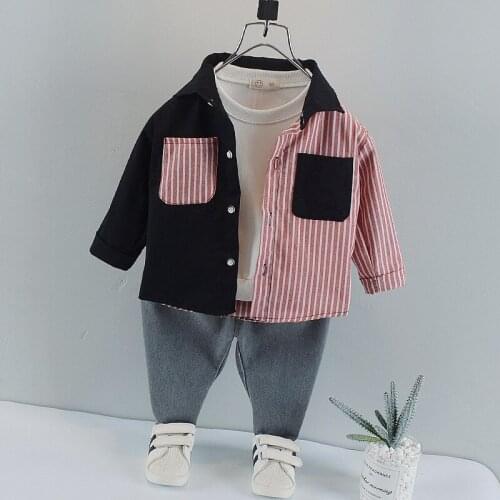 Baby suit spring and autumn new 2021 childrens suit 0-5-year-old baby Plaid Stripe Shirt leisure sports pants two pieces