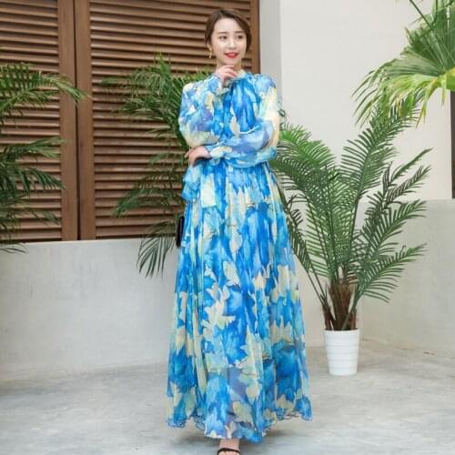 Spring Long Sleeve Colorful Floral Printed Chiffon Long Maxi Dress Free and loose Beach Wedding Long Flowy Sundress Plus Sizes