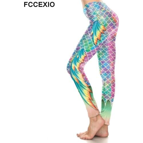 FCCEXIO 2021 PINK Sequins Mermaid Wings High Waist Leggings Fish Scales 3D Legging Stretch Fitness Legins Women Workout Pants