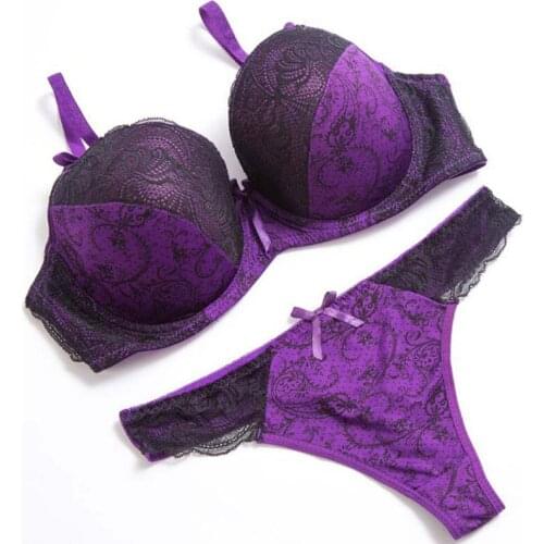 HENGSONG Women Sexy Thong Lace Patchwork Push Up Bra Set Lingerie Women Underwear Sets Adjustable Black White Bra Brief Sets