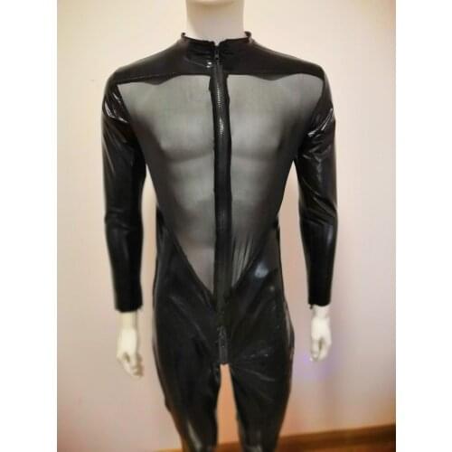 KH64 2019 Faux Leather Front Long Zipper Cross Crotch Bodysuit Fetish Costume DS Night Club See Through Triangle Tulle Teddies