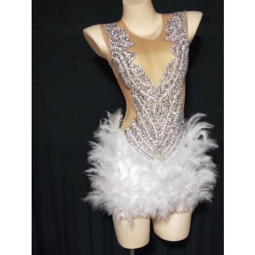 Fashion Sparkly Rhinestones Pearl Feather Bodysuit Sexy Transparent Mesh Leotard Nightclub Bar DJ Singer Dancer Stage Costume
