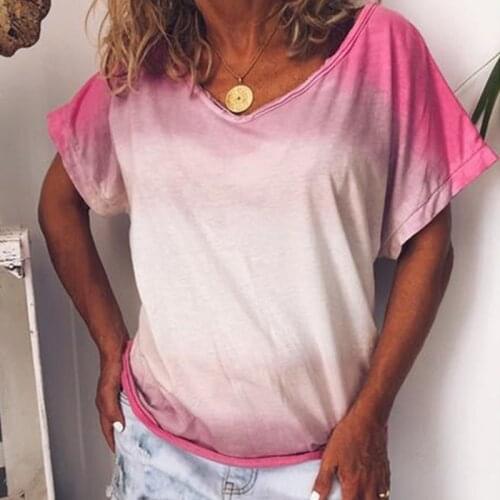 Fashion Women Gradient T-shirt Ladies Short Sleeve V-Neck Tees Casual Top Pullovers Female Streetwear Tshirt Loose T-shirt