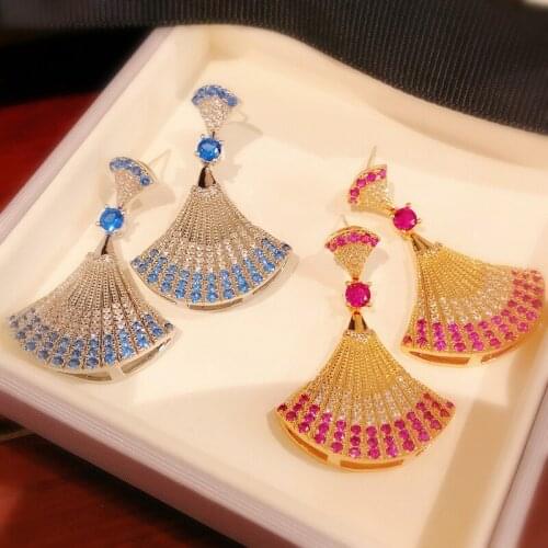 Advanced sense micro set rhinestone fan small skirt eardrop ear nail 925 silver needle temperament joker luxury earrings