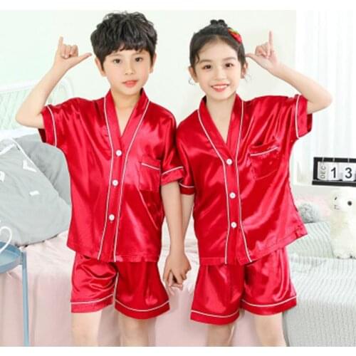New Spring Children Pajamas Suit 2021 Summer Kids Soild Silk Sleepwear Set Boys Homewear Girls Short Sleeve Pyjamas Nightwear
