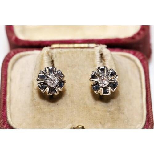 Antique Original 18k Gold Natural Diamond Decorated Pretty Solitaire Earring