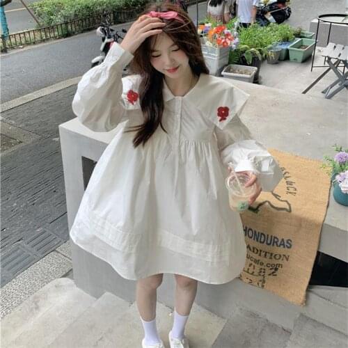 Japanese Autumn Sweety Girly Princess Dress Kawaii Peter Pan Collar Cute Flowers Embroidery Full Sleeve White A-Line Dresses