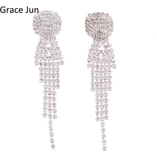 Grace Jun New Arrival Rhinestone Tassel Geometric Shape Clip on Earrings No Pierced Charm Chandelier Jewelry No Hole Ear Clip