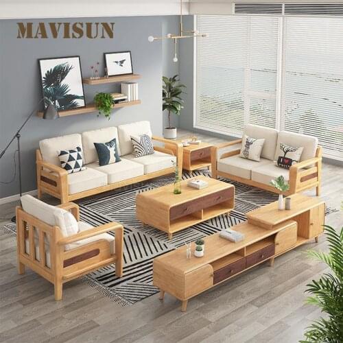Nordic Solid Wood Corner Sofa Combination Modern Minimalist Living Room Small Apartment Furniture Hall Reception Fabric Sofa Set