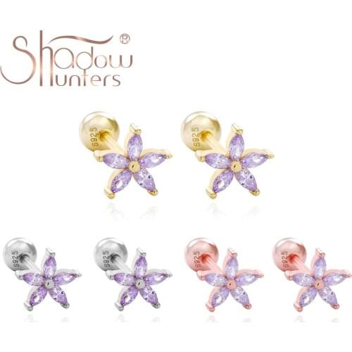 SHADOWHUNTERS Trendy 925 Sterling Silver Purple Mini Flower Zircon CZ Earrings Screw Stud Earrings For Femme Bone Nail Piercings