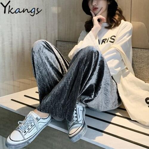 Spring Thin High Waist Velvet Pants Women Western Luxury gray Wide Leg Pants Ladies Office Long Pleated Trousers Streetwear