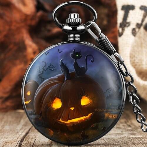 Vintage Printed Halloween Theme Quartz Pocket Watch Arabic Numerals White Dial Black Pocket Chain Pendant Clock