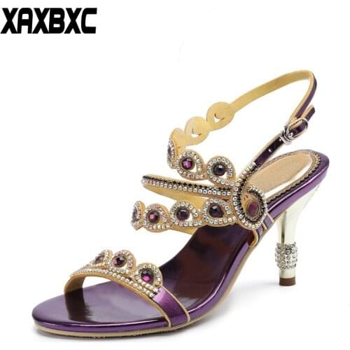 XAXBXC 2018 New Summer Rhinestone Gladiator Leather Sandals Crystal High Heels Women Ladies Bridesmaid Sandalias Wedding Shoes