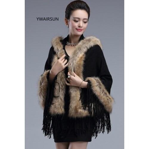 YWAIRSUN Autumn and winter cashmere fox fur shawl poncho cape female round neck hate tassel cardigan cloak coat fashion Pashmina