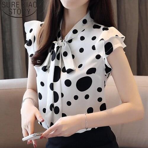 2021 Summer New Fashion Short Sleeve Elegant Bow Slim Blouse Women Polka Dot Sweet Flounced Sleeve Chiffon Ladys Shirt 8977 50