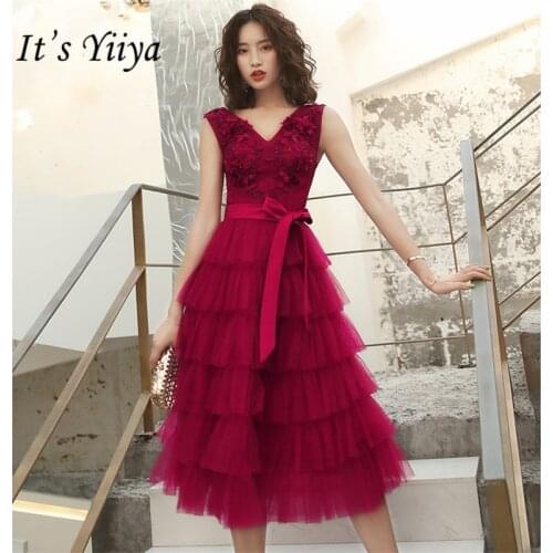 Its YiiYa Cocktail Dress 2019 Sexy V-Neck Backless Plus Size Woman Party Dresses Sleeveless Tea-Length Robe Cocktail Gowns E832