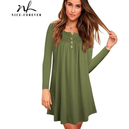 Nice-forever Autumn Women Green Color with Button Dresses Oversized Loose Flare Dress btyA172