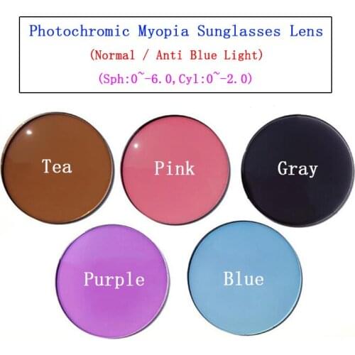 1.56 Myopia Sunglasses Lens Photochromic to Tea/Blue/Pink/Purple/Gray Shortsighted Glasses Lens Custom Prescription Lens 0~-6.00