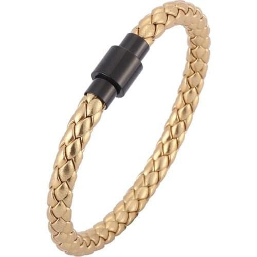 Punk Men Women Jewelry Golden Leather Handmade Bracelet Black Color Stainless Steel Magnet Buckle Fashion Wristband Gifts SP0527