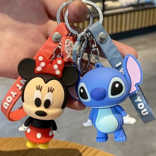 Disney Mickey Mouse Stitch Figure Keychain Ring PVC Cartoon Animal Anime Minnie Action Figure Model Gift Girl Children Kids Toys