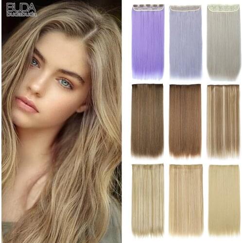 Budabuda 22inch Long Straight 5 Clips in Hair Extensions Black Brown High Tempreture Synthetic Ombre Piece Hair For White Women