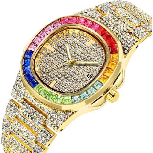Watch for Men Luxury Hiphop Iced Out Watches Colorful Gold Black Watch Men Women Rhinestone Quartz Wristwatch Relogio Masculino