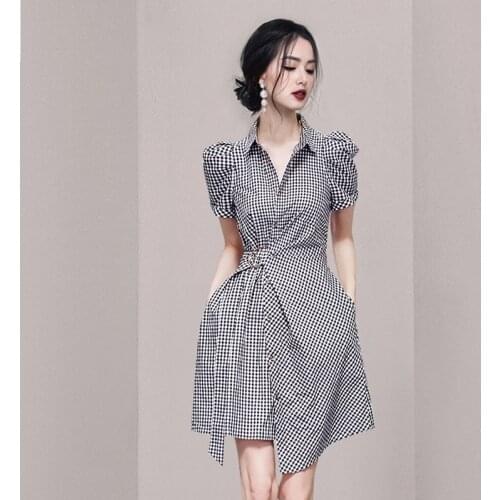 COIGARSAM Women Mini Dress Summer 2021 New Office Lady Vintage Plaid Short Sleeve Single Breasted Black And White Dresses Traf