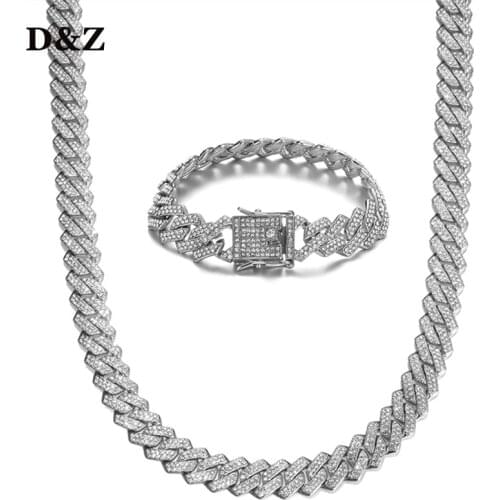 D&Z 1Set 13.5MM Miami Cuban Chain Bracelet 1 Row Iced Out Rhinestone Zircon Paved Necklaces Bracelets for Men Women Jewelry