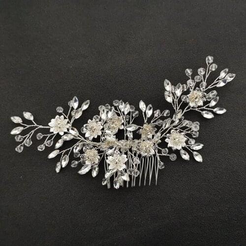 SLBRIDAL Handmade Silver Color Crystal Rhinestones Flower Bridal Hair Comb Wedding Headpieces Hair Accessories Women Jewelry
