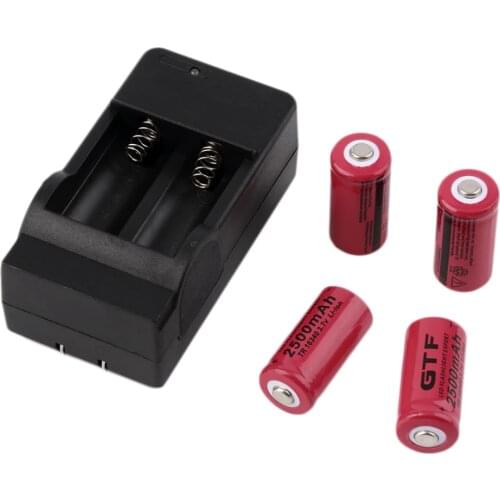 GTF 4pcs 16340 3.7V 2500mAh Rechargeable Li-ion Battery + Charger For Flashlight