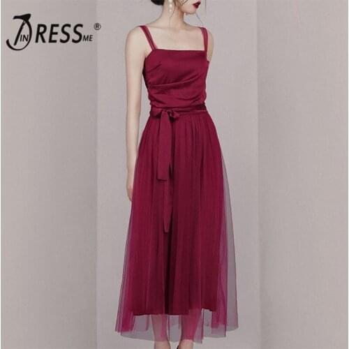 INDRESSME 2019 New Style Elegent Women Dress Spaghetti Strap Sleeveless With Sashes Lace Hem Midi Dress
