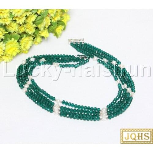 JQHS Genuine 17" 4row white freshwater pearls faceted green Crystal Beaded knotted Strand necklace 18KGP j12145