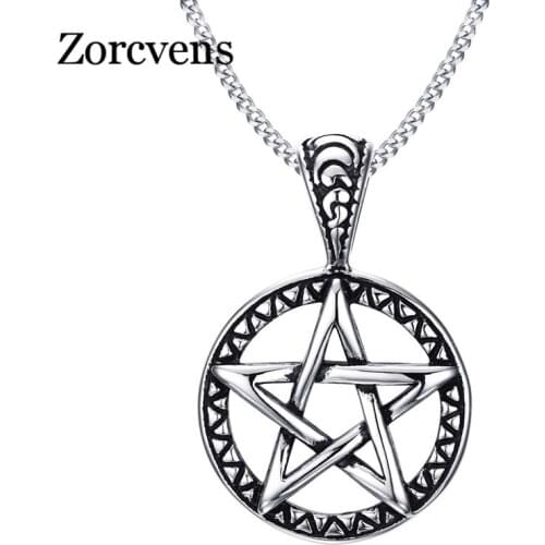 ZORCVENS 2020 Vintage Jewelry Pentagram Pentacle Pagan Wiccan Witch Gothic Pewter Pendant Necklace for Men Woman