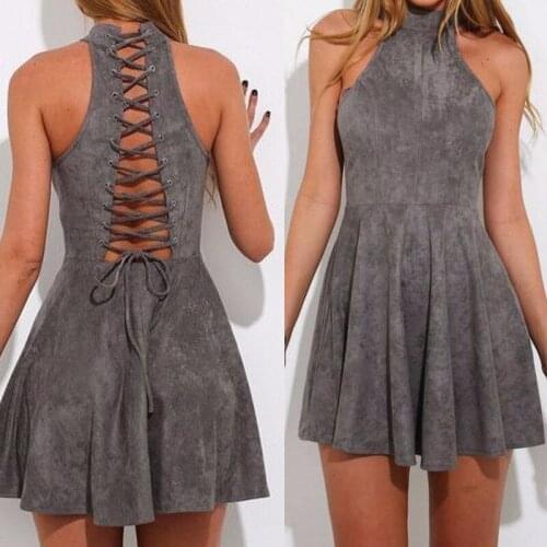 Summer fashion girls dress Sleeveless Hollow Out Bandage gray Chamois Dress High waisted high waisted bandage Dress