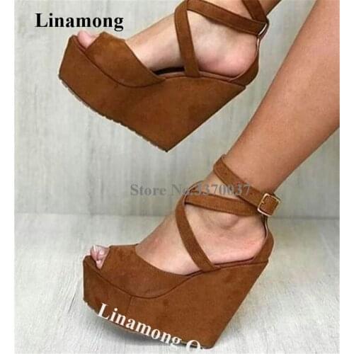 Linamong Fashion Open Toe High Platform Wedge Sandals Brown Suede Ankle Straps Cross Wedges Height Increased Dress Shoes