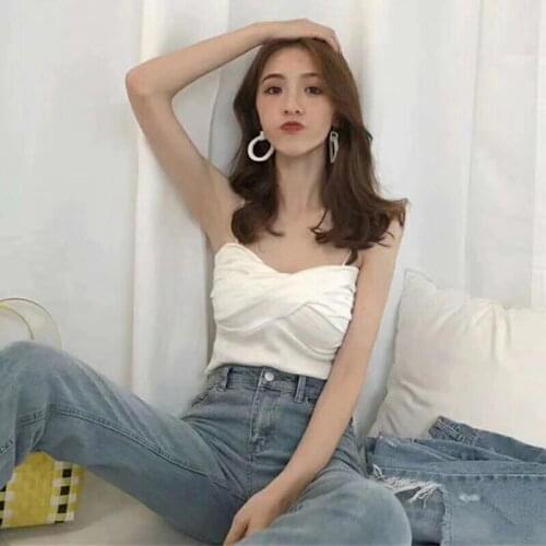 The new Korean T-shirts version of the retro sexy pleated tube top fashion wild small sling temperament All-match short T-shirt