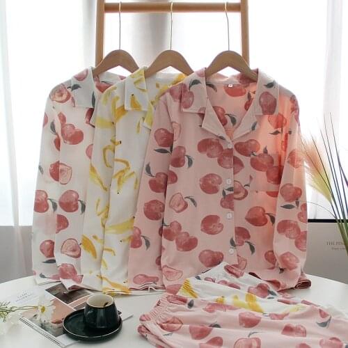 Japanese spring and autumn ladies new cotton cardigan long-sleeved trousers suit fruit cute home service suit autumn and winter