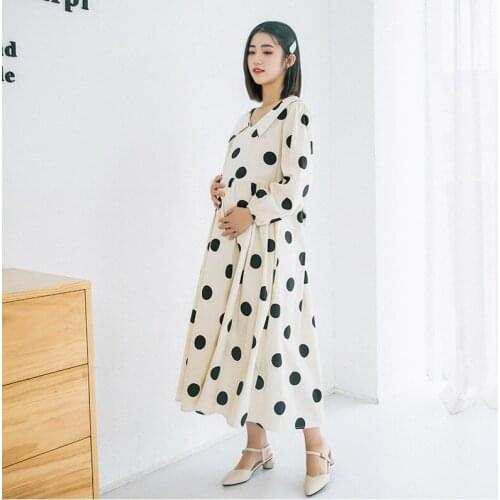 Maternity wear autumn clothes new fashion small fresh lapel wave printed dots point loose large size pregnant long-sleeve dress