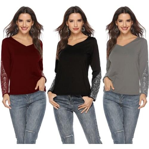 Autumn winter tops sequined stitching long-sleeved V-neck T-shirt women Casual Multi Color Fashion Crop Top T Shirt Ladies