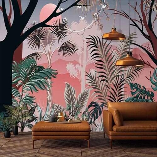 Custom 3D Murals Hand Painted Retro Rain Forest Plants Leaves Photo Bedroom Living Room Sofa Background Pink Embossed Wallpaper