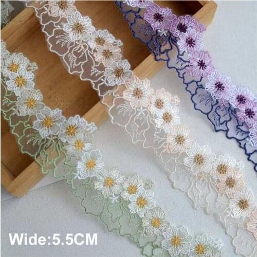 6.5cm Wide Luxury Cotton Embroidered green purple flower lace fabric dubai sewing DIY trim Ruffle applique Ribbon collar decor