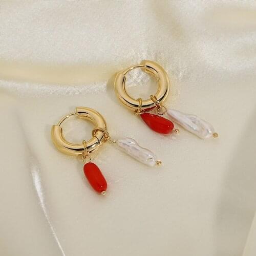 Minar Delicate Baroque Freshwater Pearl Hoop Earrings for Women Gold Hooks Red Natural Coral Stone Earring Statement Jewelry